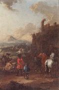 August Querfurt Cavalrymen before a hilltop town oil painting